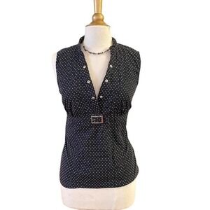 Vintage Cato Black White Polka Dot Sleeveless V-Neck Buckle Top Womens M Y2K